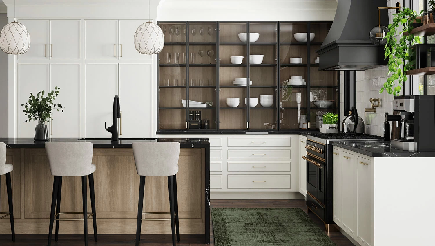 This kitchen remodel features Dura Supreme's Coriander stain on Quarter-Sawn White Oak for the kitchen island and the interior of the glass door cabinets.