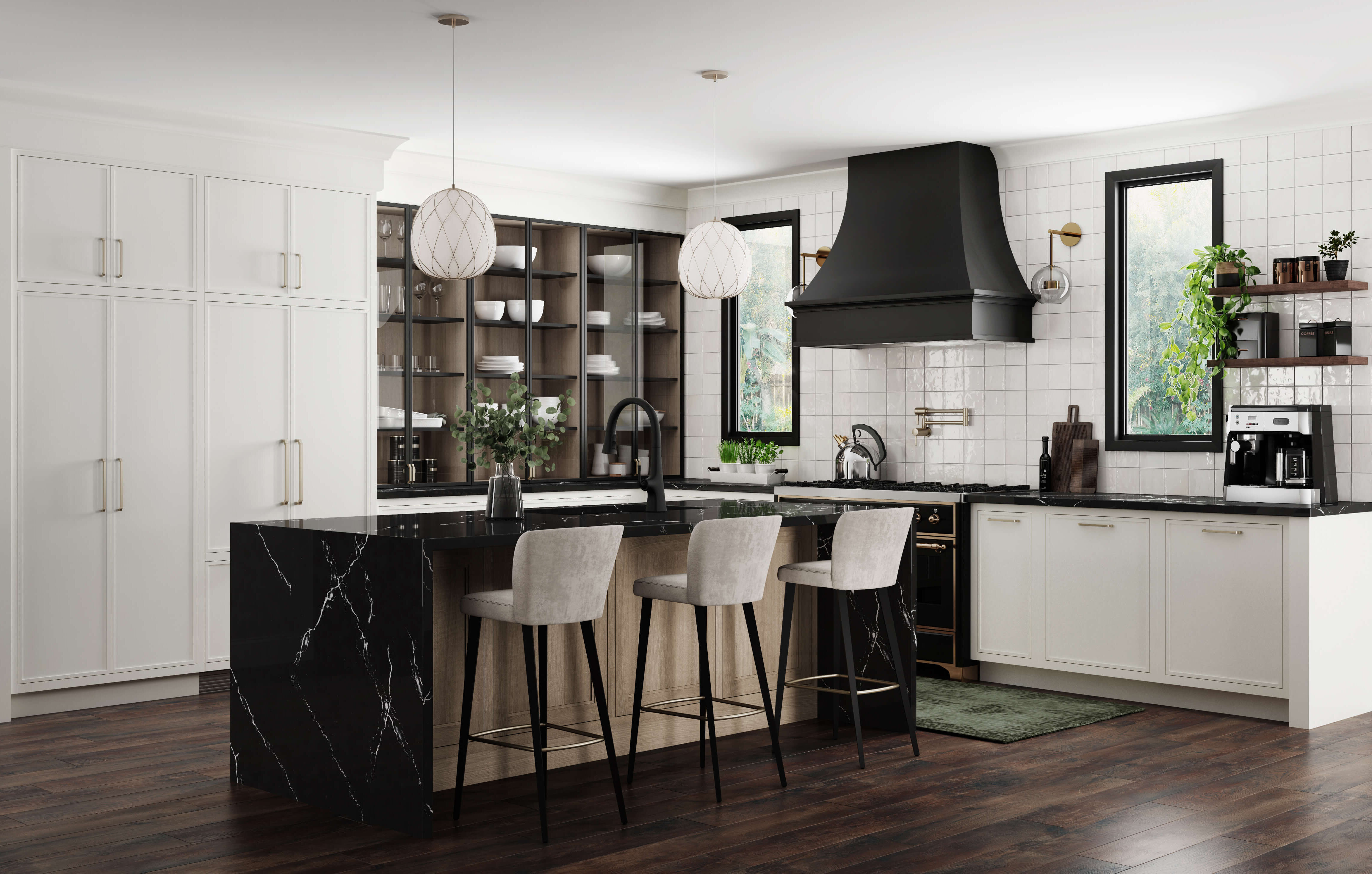 This kitchen design features a skinny shaker door style with thin rails and stiles using inset cabinets. A black painted curved hood creates a beautiful feature above the cooktop.