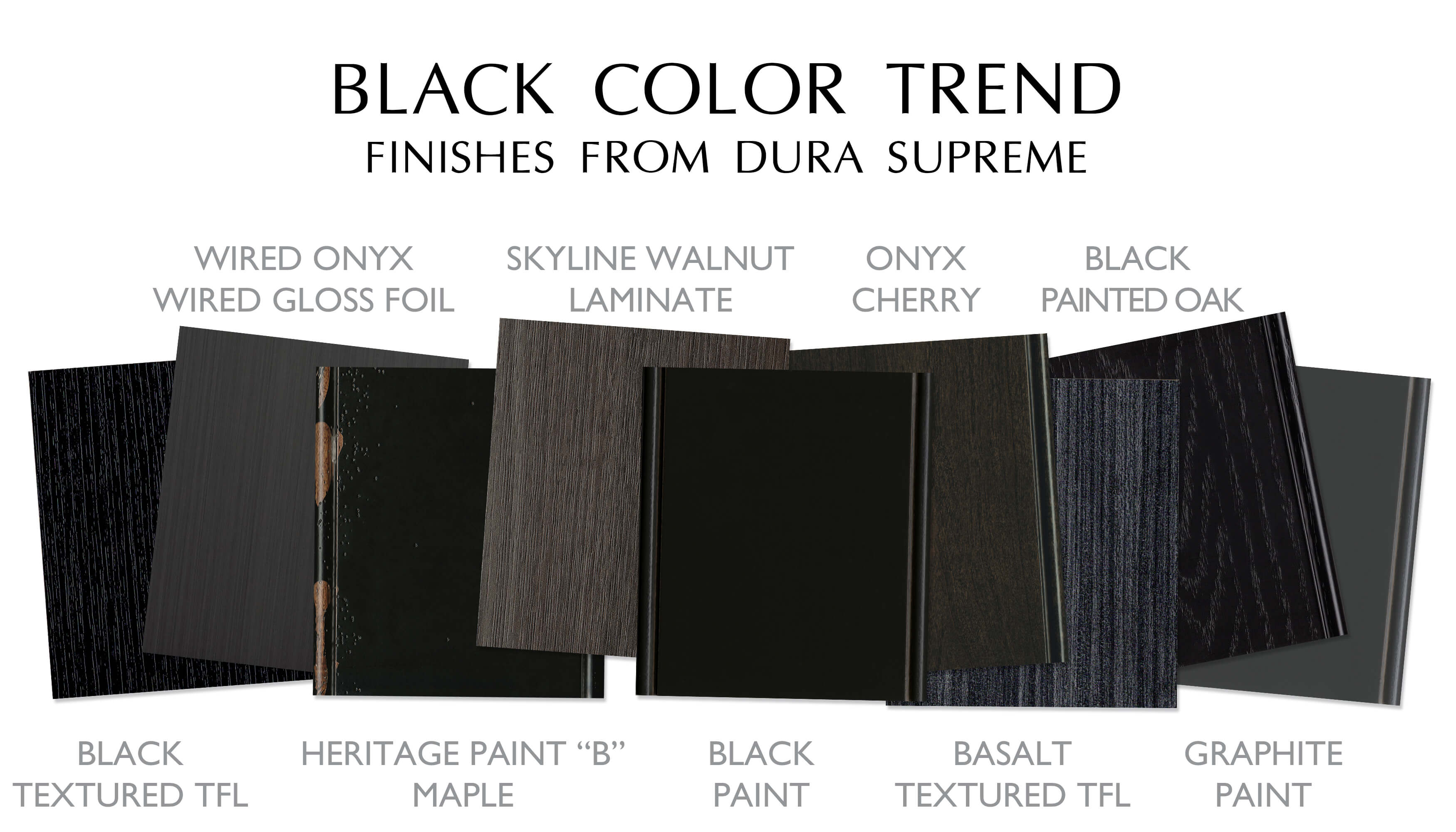 Black Color Trend Cabinet Finishes from Dura Supreme Cabinetry. Black Textured TFL, Wired Onyx Wired Gloss Foil, Heritage Paint B, Skyline Walnut Laminate, Black Paint, Onyx Stain on Cherry, Basalt Textured TFL, Black Painted Oak, and Graphite Paint.