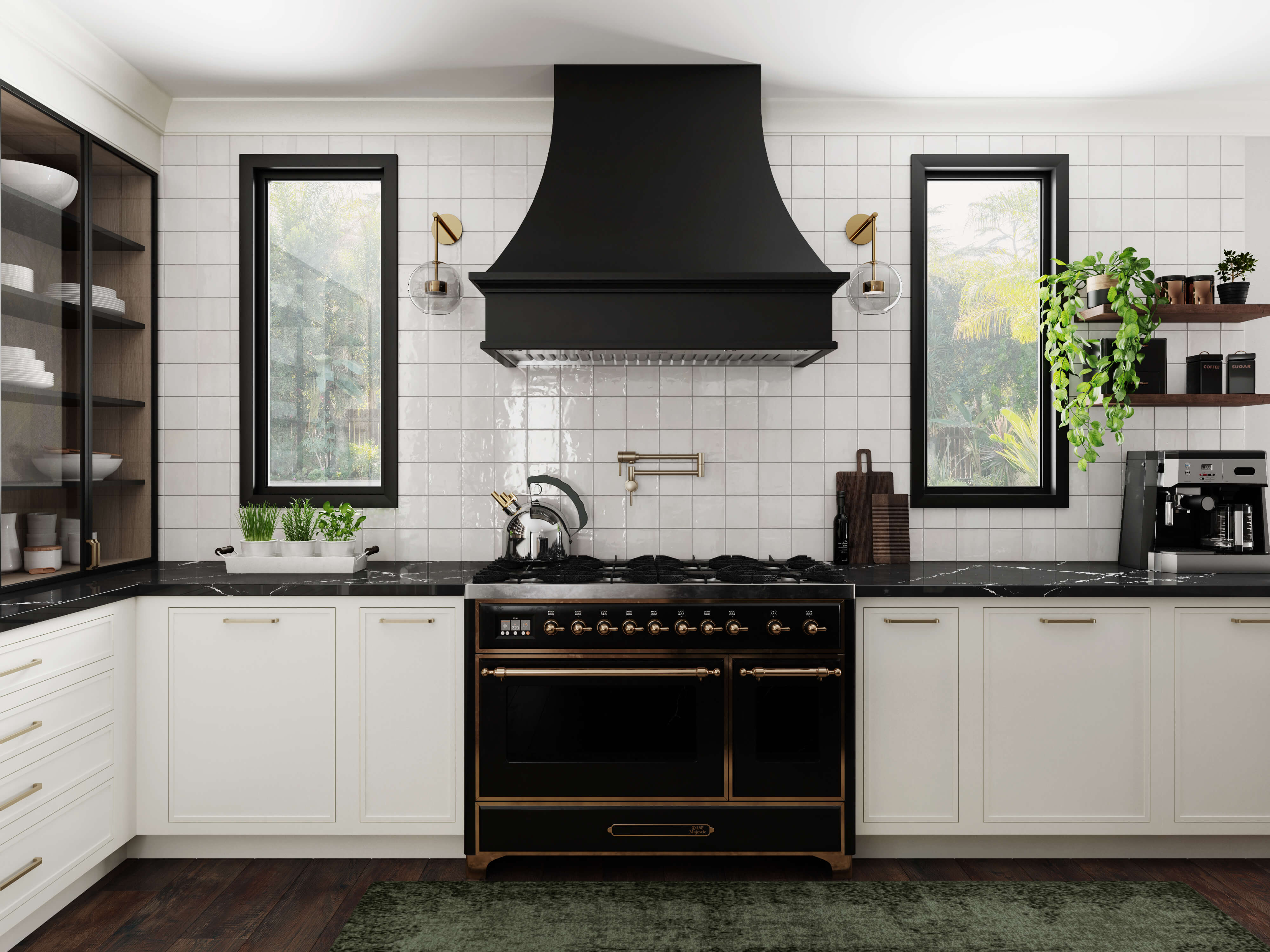 Modern curved wood hoods are a new product from Dura Supreme Cabinetry. This modern farmhouse kitchen features a black painted curved hood with a modern style.