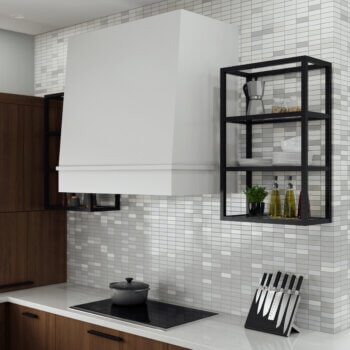 A white painted modern wood hood with a solid plain canopy and a simple, solid freeze with modern molding in an urban kitchen design.