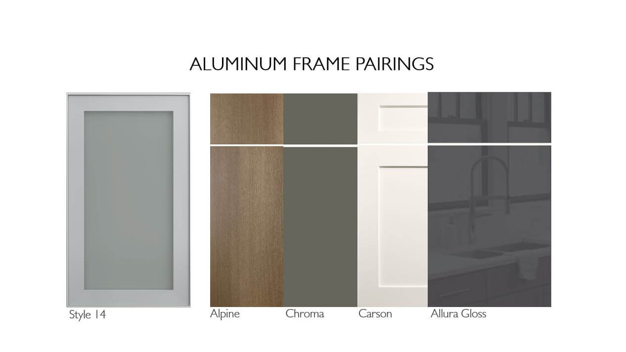 Aluminum cabinet door style with pairing wood or contemporary door styles that coordinate beautifully.