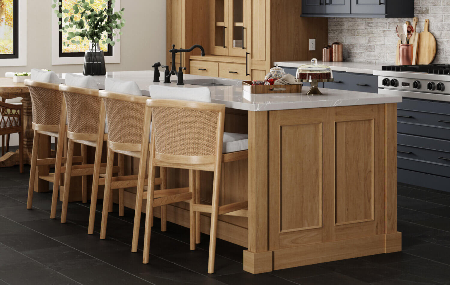 Beautifully stained cherry cabinets and kitchen island from Dura Supreme.