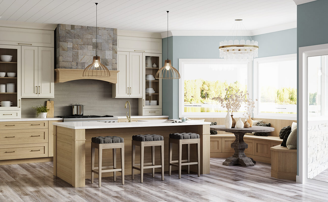 A lake house with an elegant kitchen design using framed kitchen cabinets from Dura Supreme's Crestwood Cabinetry product line. This semi-custom to custom cabinet brand is sold nationally from coast to coast and is known for it's premium, high quality cabinet products offered at an affordable price point.