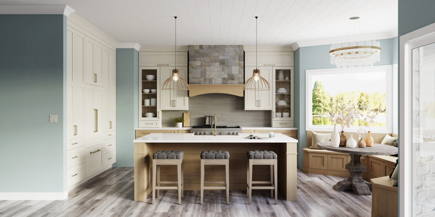 This dreamy lake house kitchen captures the home’s lake shore lifestyle with watery blue walls, shiplap ceilings, nature-inspired wood and white painted cabinetry, and natural stone accents.