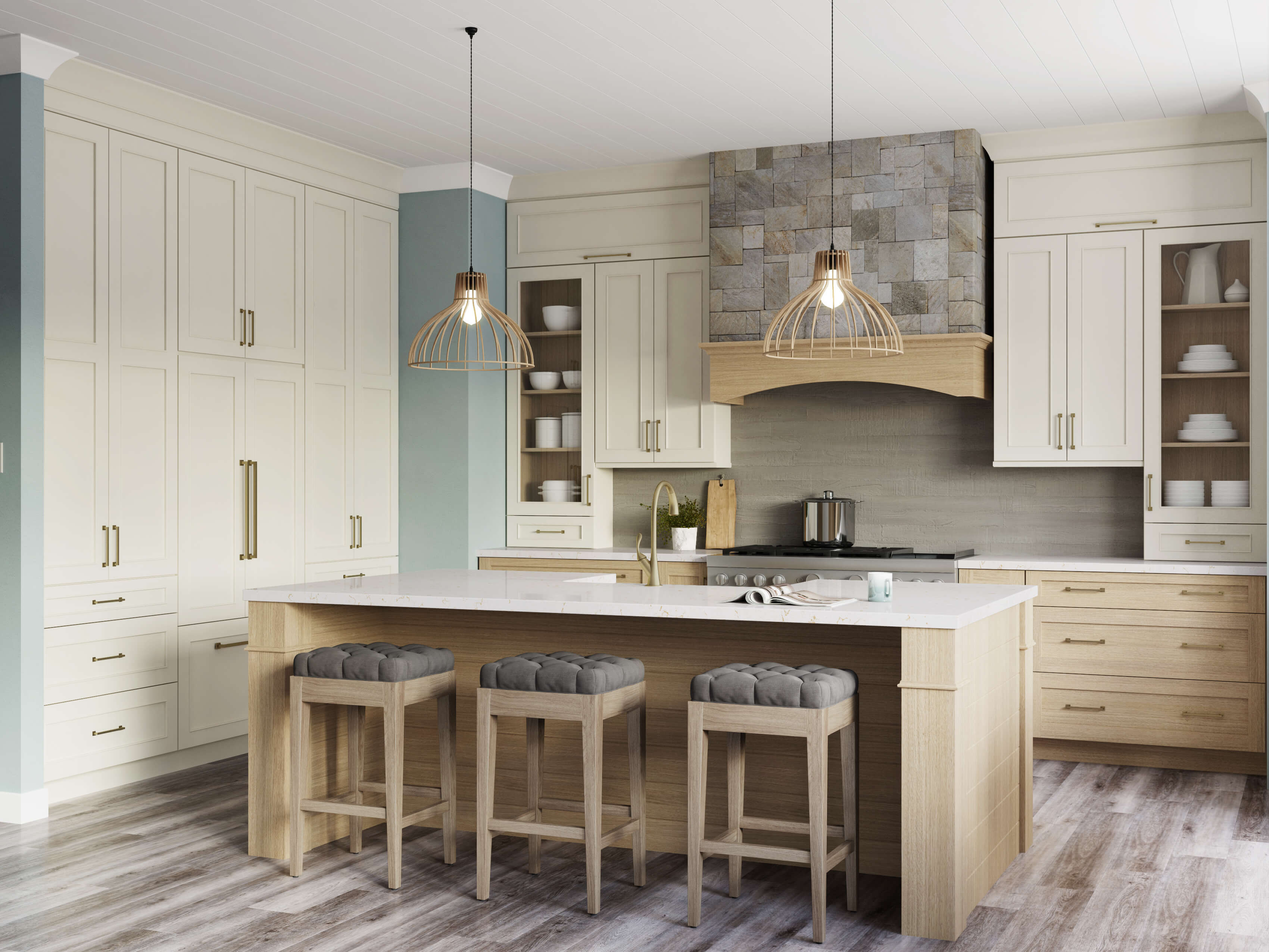 This dreamy lake house kitchen captures the home’s lake shore lifestyle with watery blue walls, shiplap ceilings, nature-inspired wood and white painted cabinetry, and natural stone accents. The kitchen design uses a natural off-white paint color contrasted by a light white washed stain on Quarter Sawn White Oak cabinets.