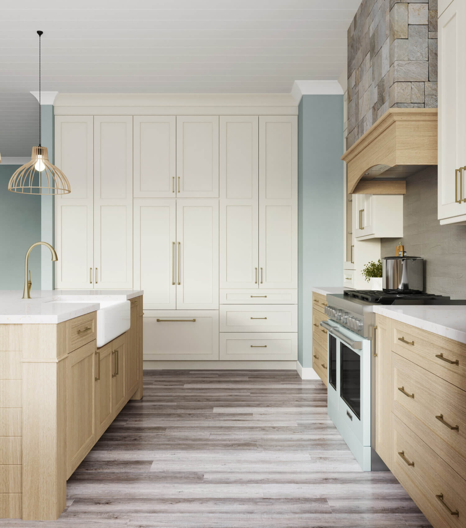 This dreamy lake house kitchen captures the home’s lake shore lifestyle with watery blue walls, shiplap ceilings, nature-inspired wood and white painted cabinetry, and natural stone accents. The kitchen design uses a natural off-white paint color contrasted by a light white washed stain on Quarter Sawn White Oak cabinets.