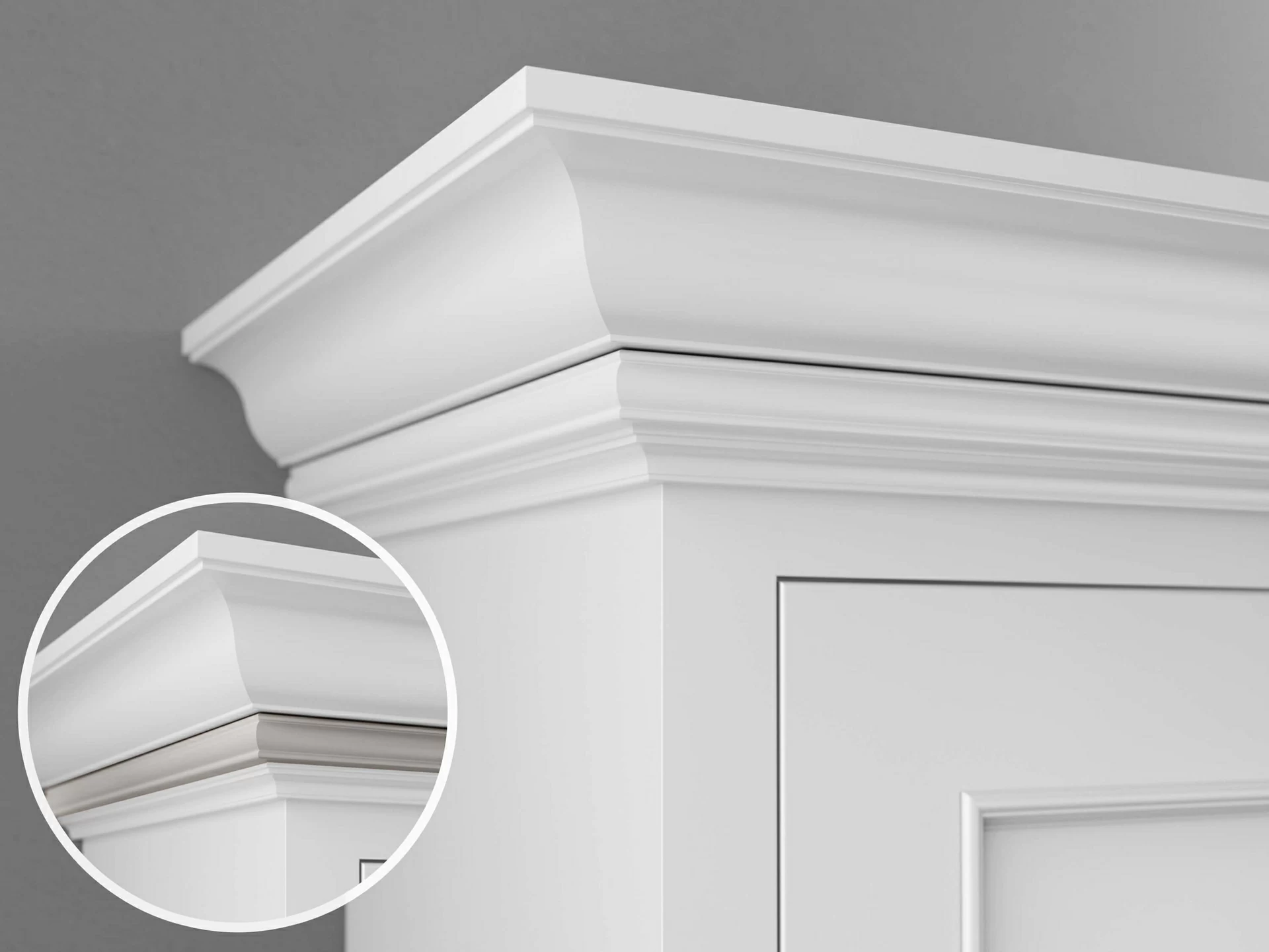 A close up of Flex Crown Molding at the top of a kitchen cabinet from Dura Supreme Cabinetry. Showing how different accent molding styles can be inserted into the flex groove to create a unique molding.