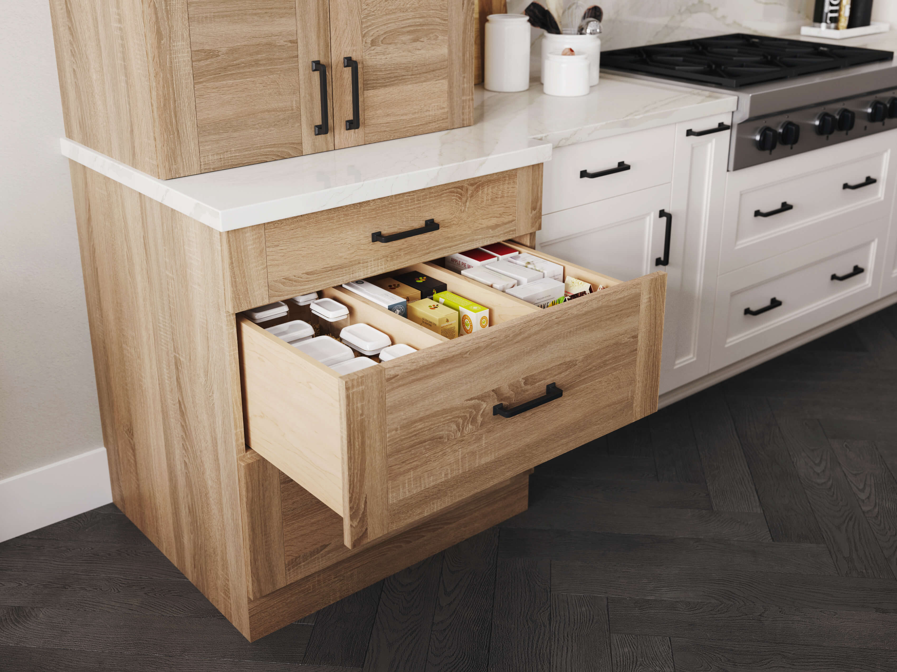 A deep kitchen drawer with dividers for organized pantry storage.