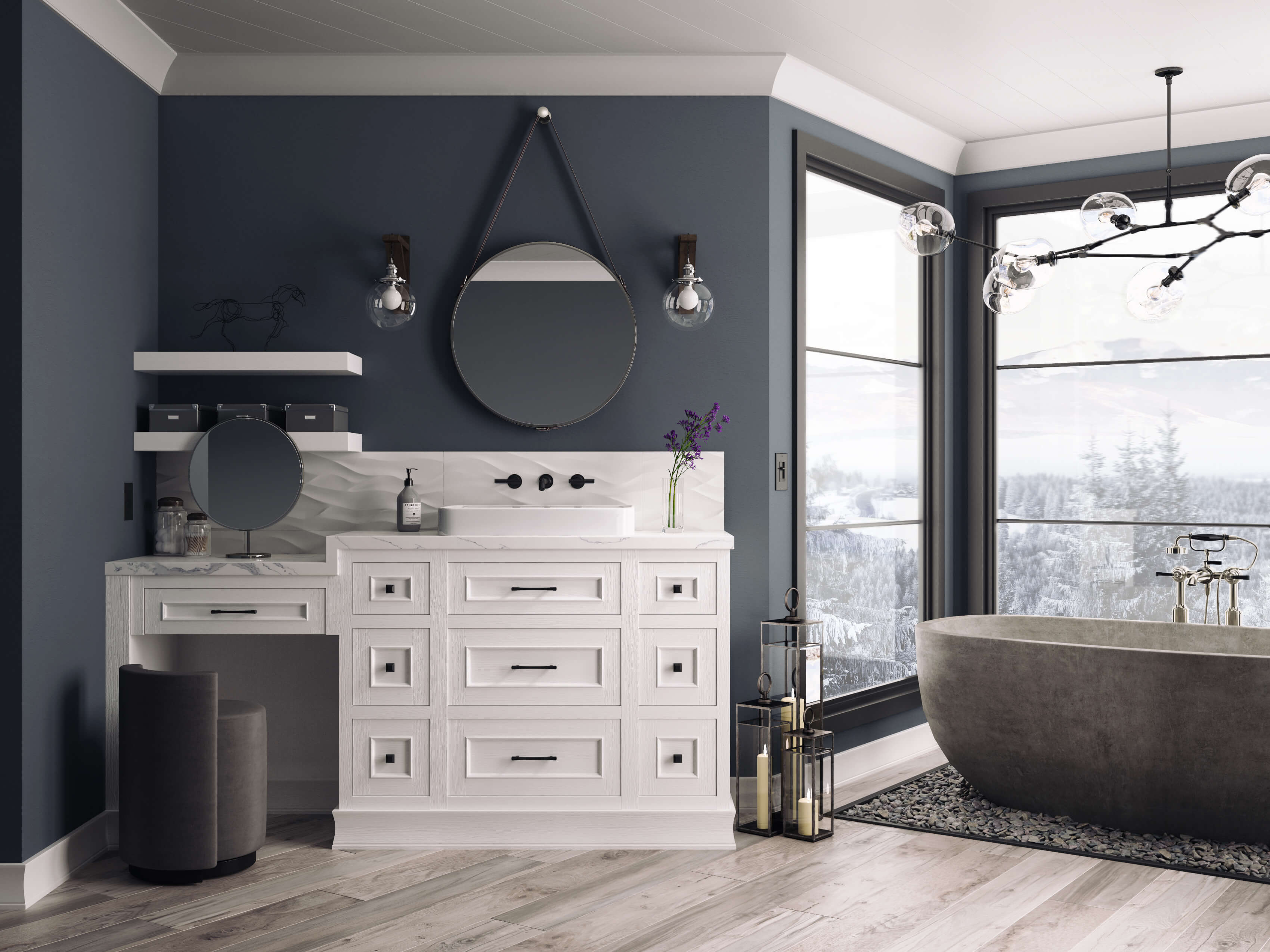 A mountain home master bathroom with cool navy blue and walls and white painted oak bathroom cabinets and vanities from Dura Supreme.