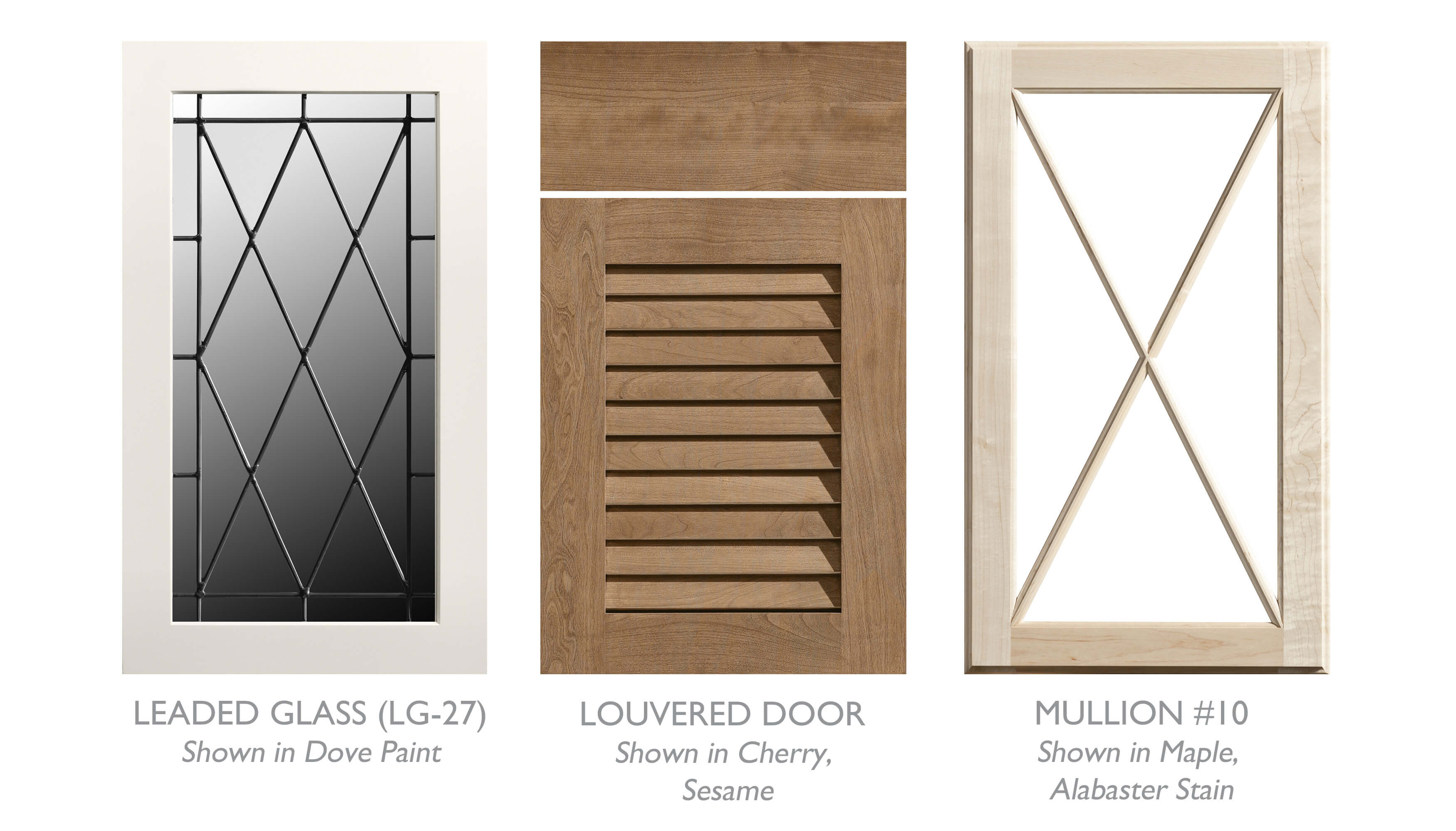 Examples of Nautical style accent and glass cabinet door styles for kitchen and bath designs.