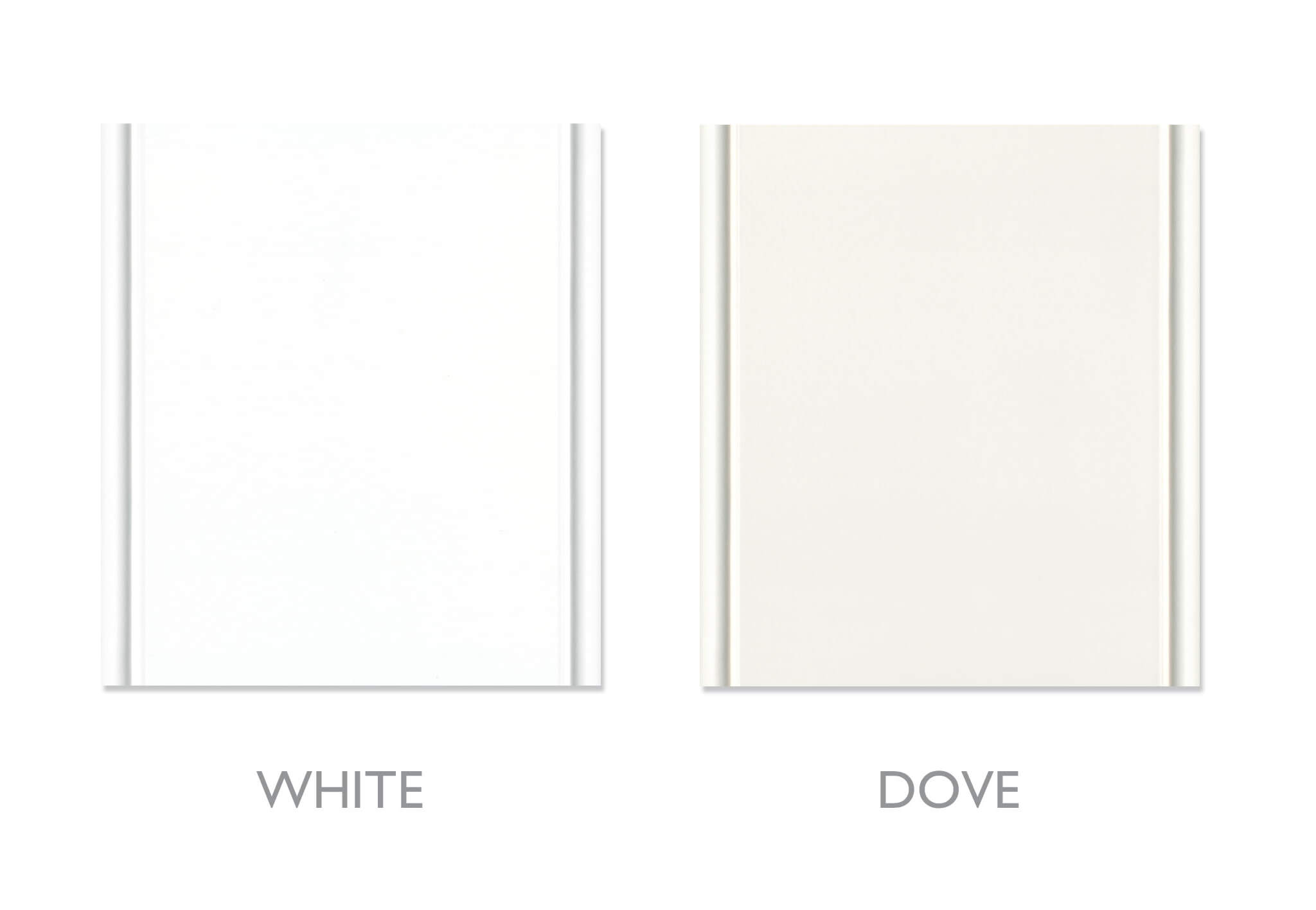 A sample of two of Dura Supreme Cabinetry's most popular white painted finishes, White and Dove.
