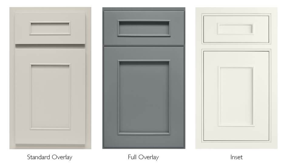 Compare kitchen cabinet door construction types. Standard Overlay, Full Overlay, and Inset cabinetry doors.