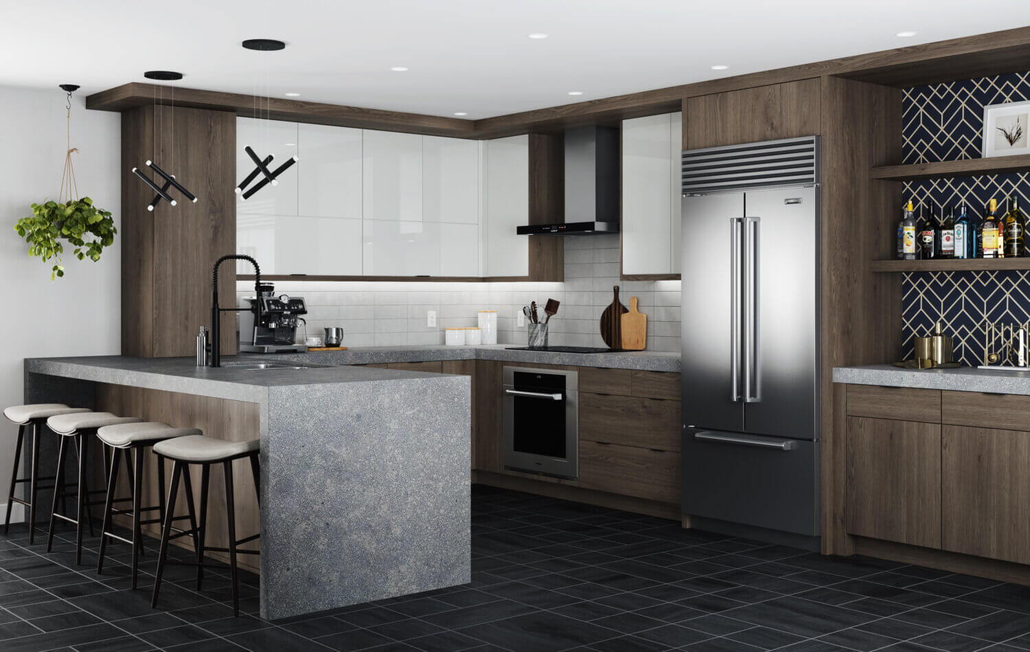 An urban contemporary kitchen remodel with dark gray stained cabinets mixed with glossy white acrylic cabinets with a slab door style.