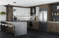 An urban contemporary kitchen remodel with dark gray stained cabinets mixed with glossy white acrylic cabinets with a slab door style.