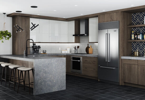 An urban contemporary kitchen remodel with dark gray stained cabinets mixed with glossy white acrylic cabinets with a slab door style.