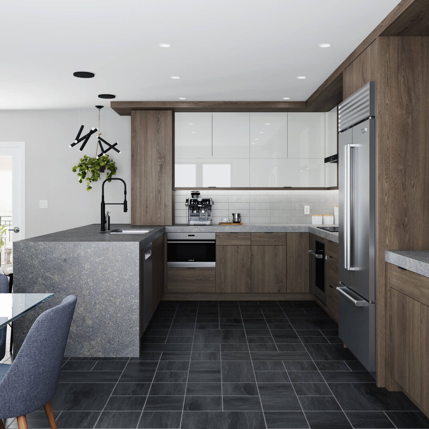 A contemporary kitchen design with dark stained slab cabinets and light gray acrylic cabinets as accents.