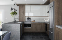 A contemporary kitchen design with dark stained slab cabinets and light gray acrylic cabinets as accents.