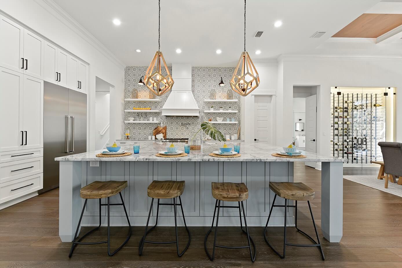 A nature-inspired kitchen design with natural textures and a soothing color palette.