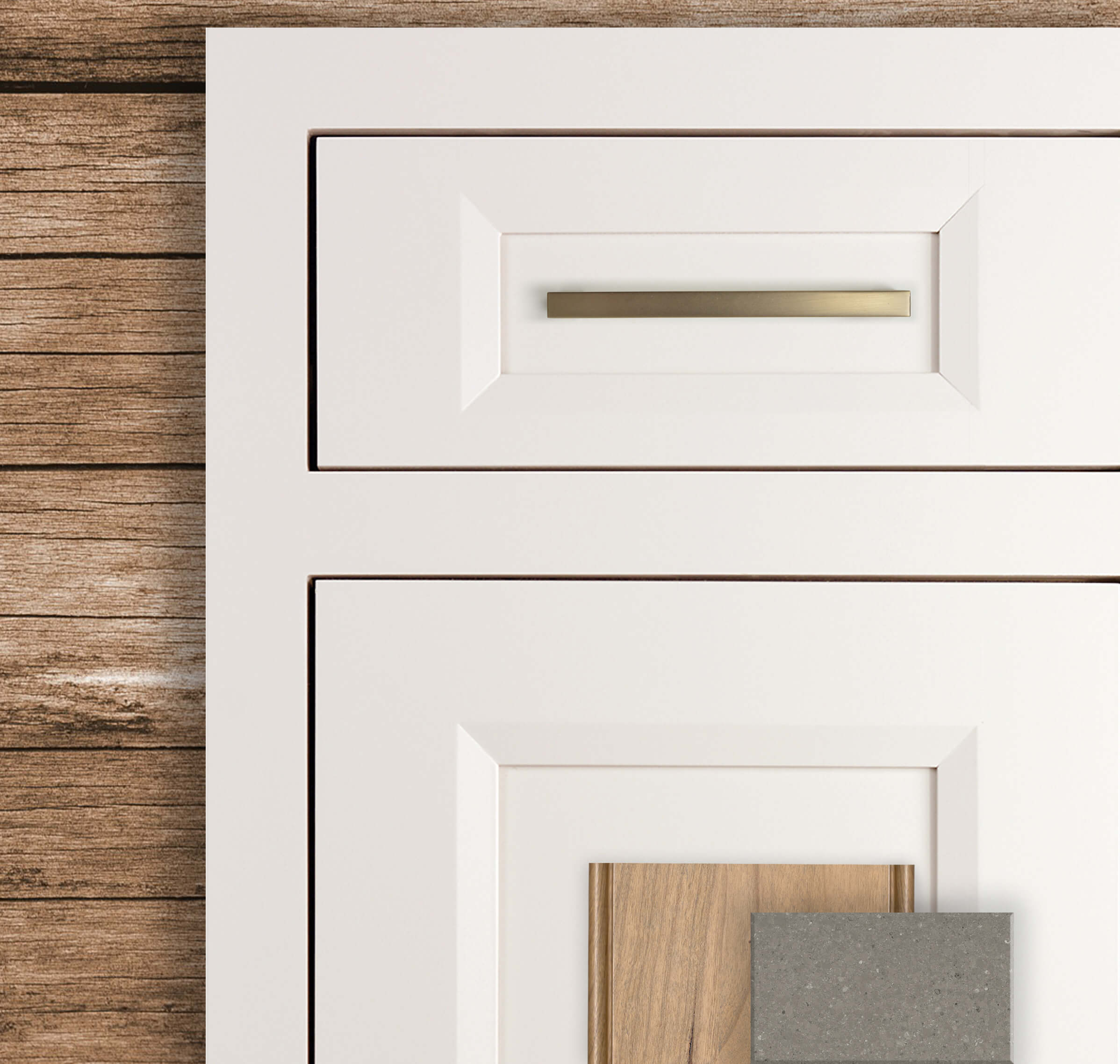 A kitchen design color palette with a warm off-white paint and natural wood textures.