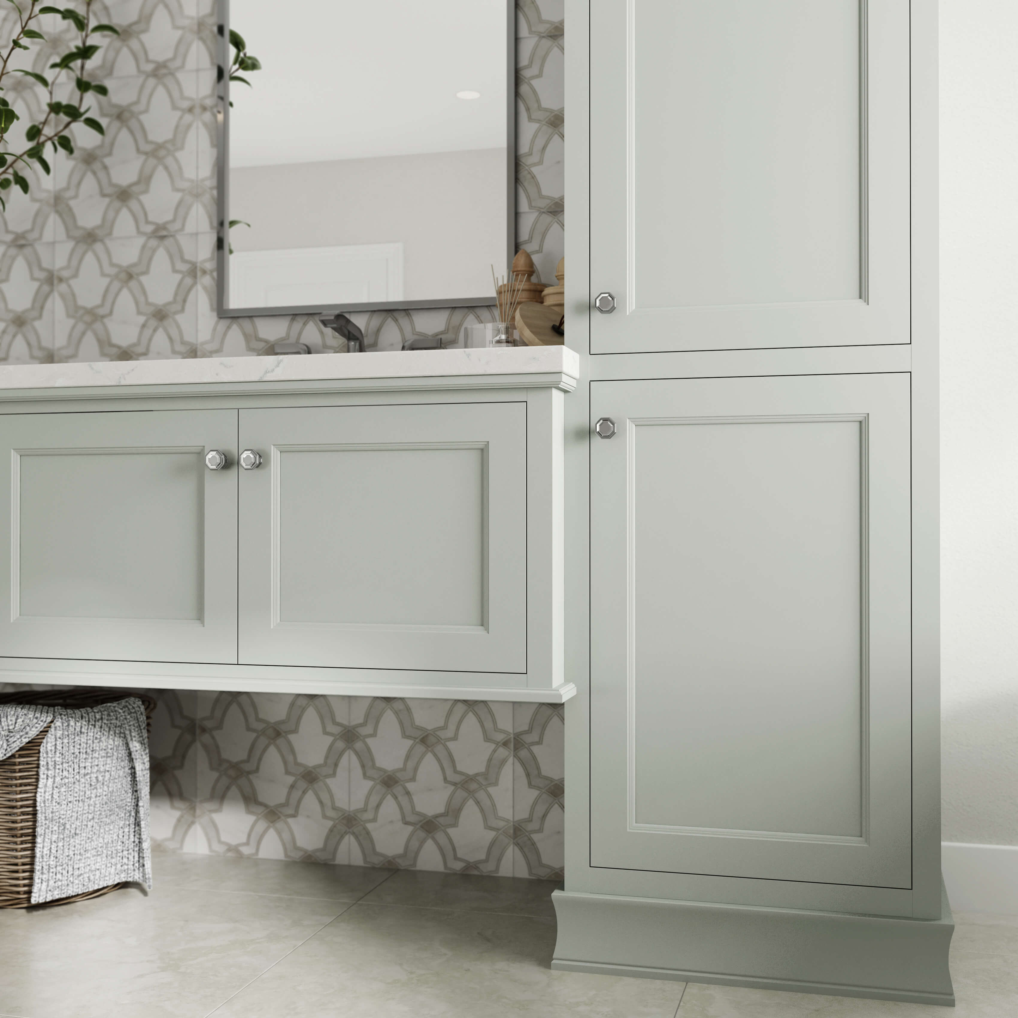 A close-up of the floating vanity cabinets paired with the floor sitting cabinets shown with inset cabinet doors.