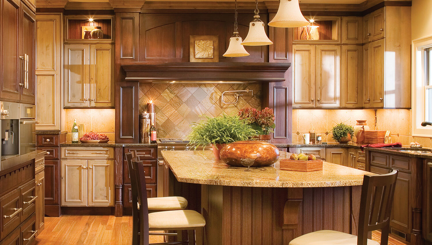 A rustic kitchen design with a mix of woods and stained finishes.