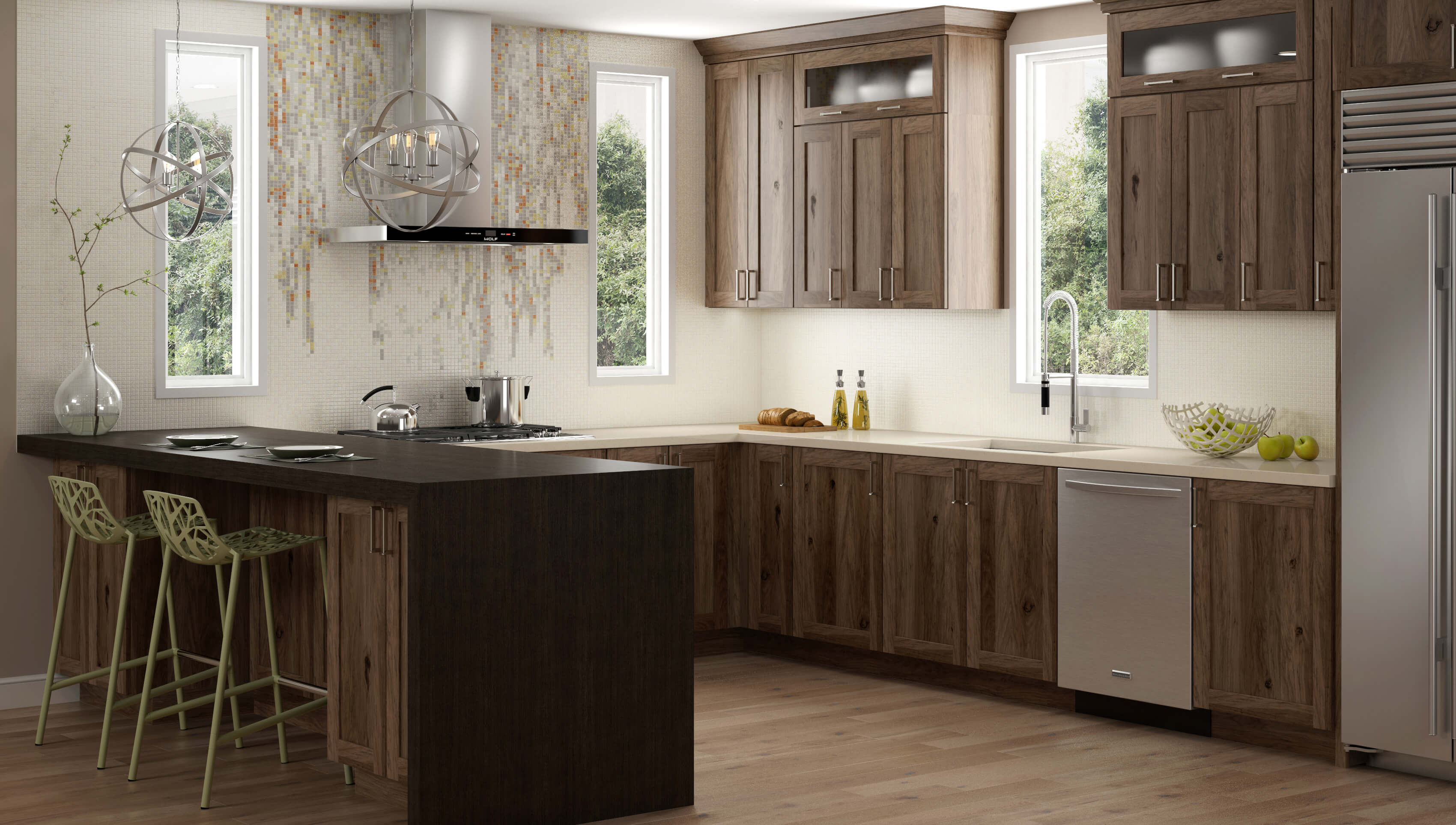 A modern kitchen with rustic hickory cabinets with a gray stained finish.
