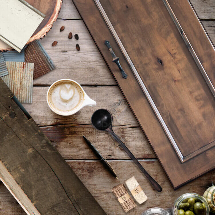 Rustic style interior design mood board with a traditional cabinet door style with a raised panel.