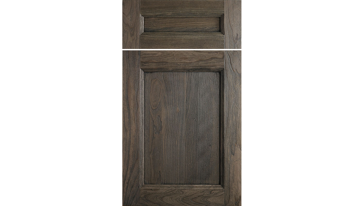 Meridian is a beautiful door style with a detailed shaker flat panel from Dura Supreme Cabinetry, The door is shown here in a dark weathered wood finish.