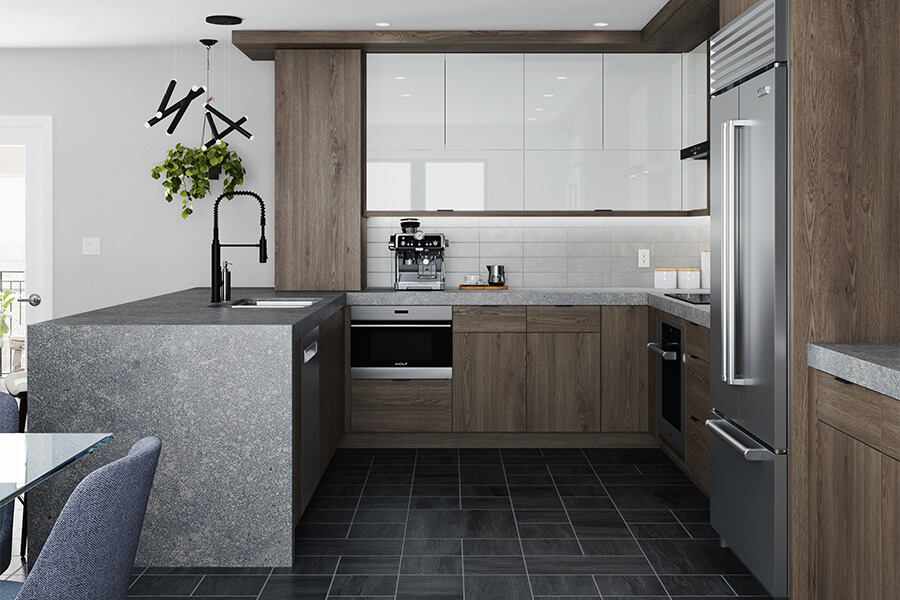 A contemporary kitchen desing with gray stained oak cabinets mixed with white, glossy acrylic cabinets.