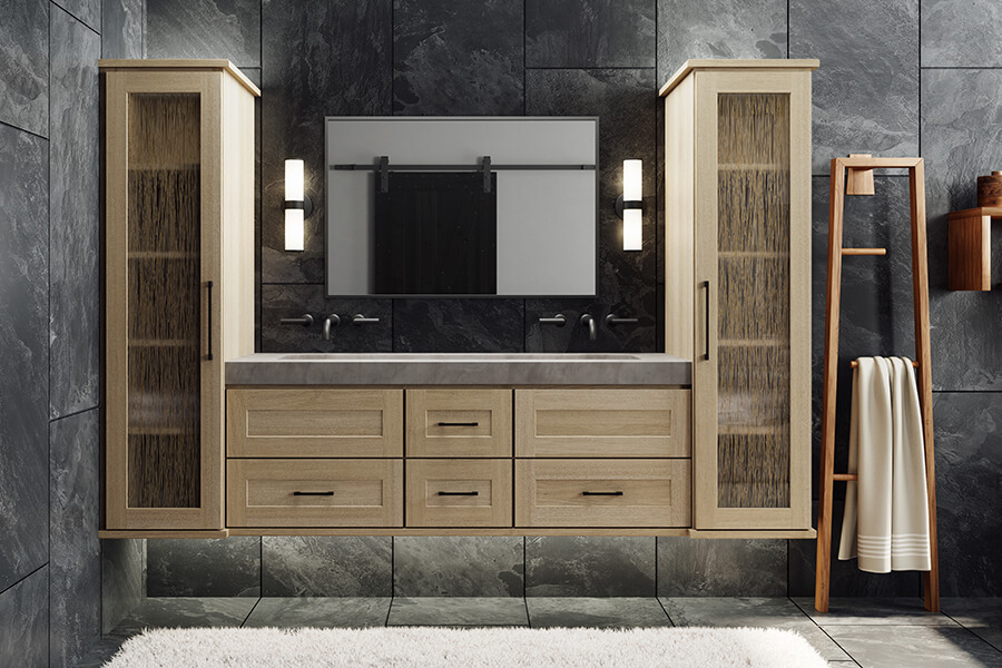A modern bathroom design with a white oak floating vanity with a modern shaker door with a shallow center panel.