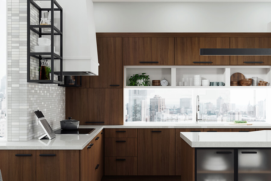 A modern walnut kitchen in an urban city home with open metal shelves and full-access construction.