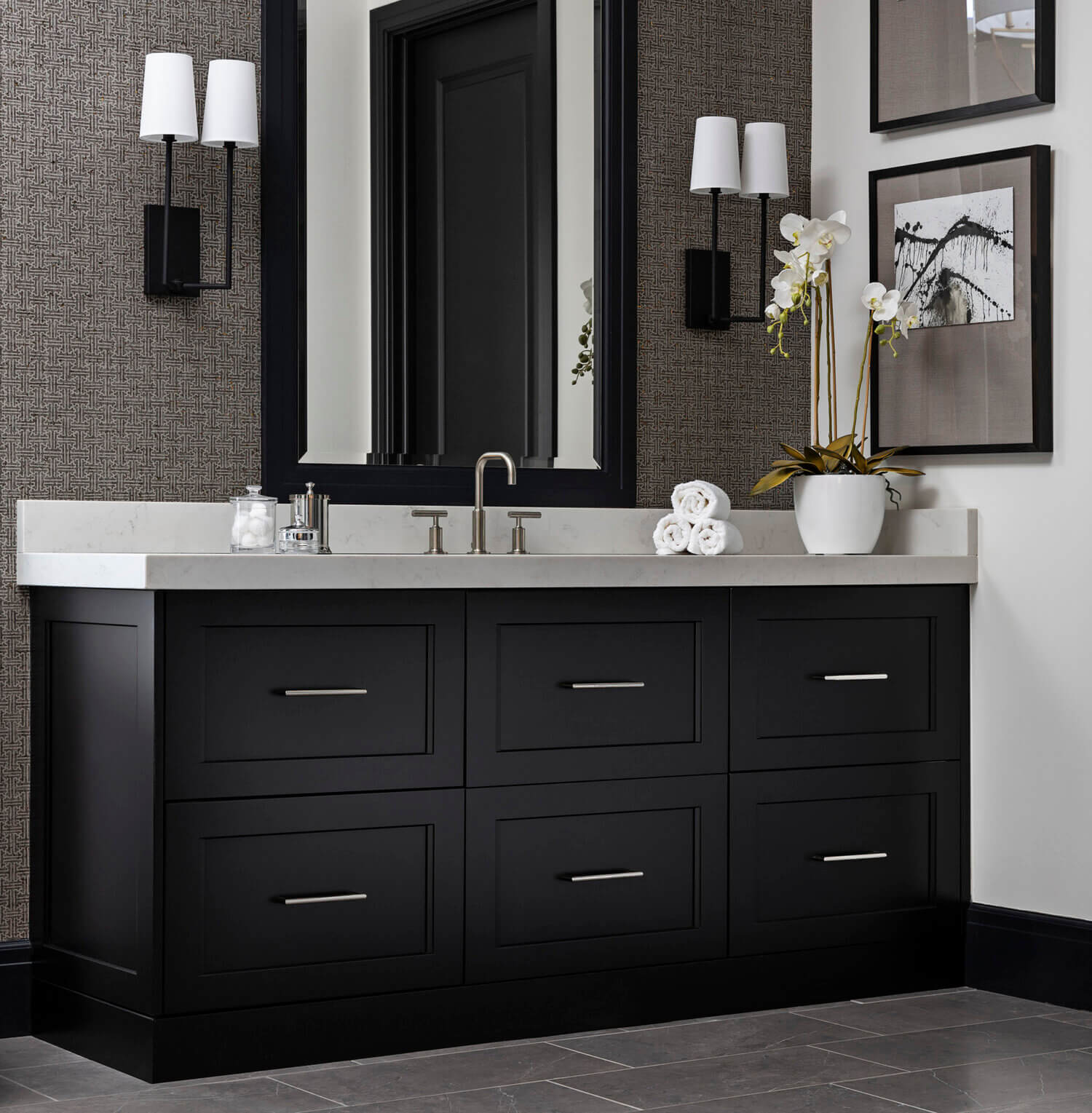 A Black & White master bathroom design with a black painted bathroom vanity.