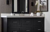 A Black & White master bathroom design with a black painted bathroom vanity.