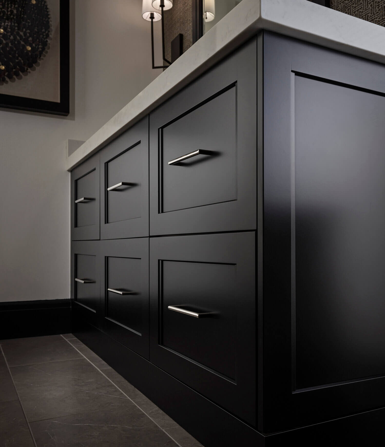 A Black & White master bathroom design with a black painted bathroom vanity.