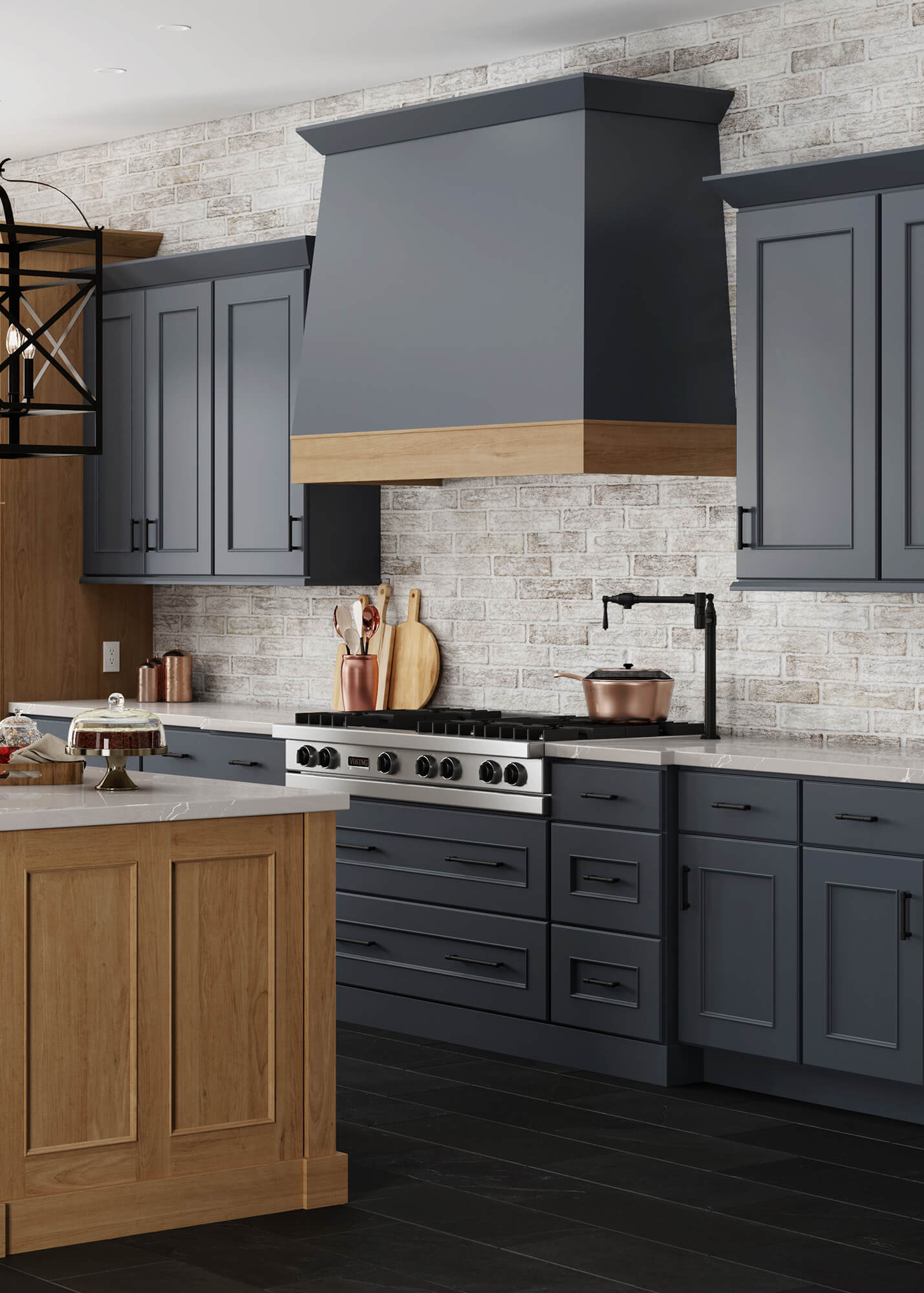 A trendy kitchen color for cabinets. This kitchen features the Cyberspace paint.