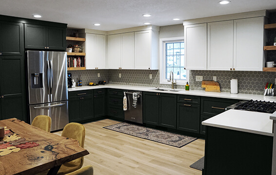 A kitchen remodel with Dark green base cabinets and White painted wall cabinets.