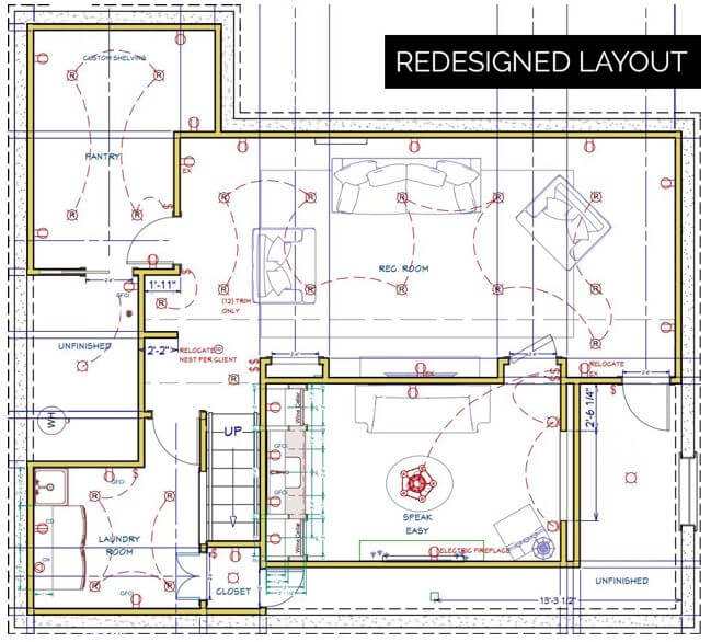 A floor plan concept for the new basement remodel with a hidden speakeasy inspired room.