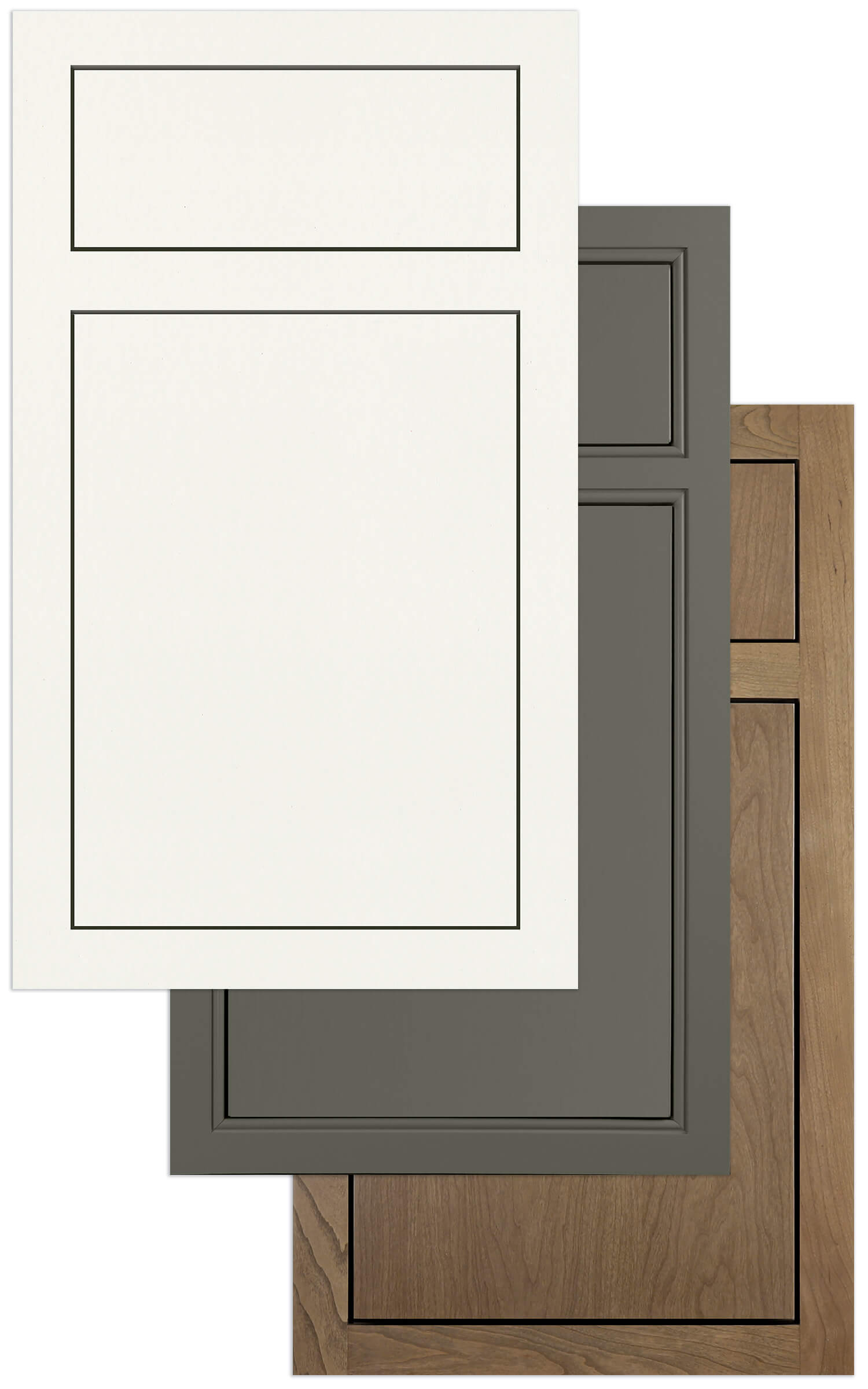 Three examples of slab inset cabinet doors in both paint and wood stained finishes.