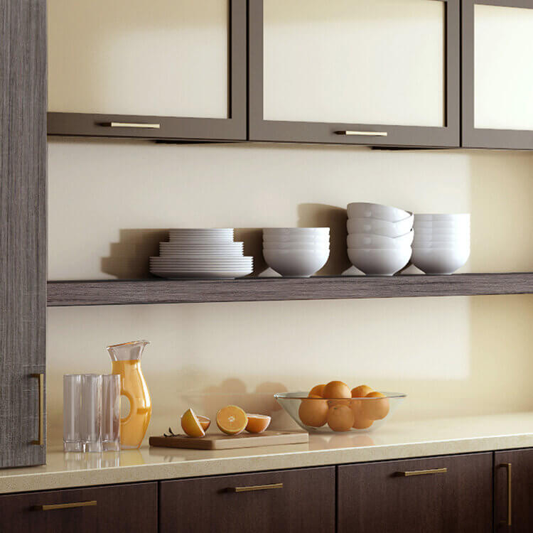 Contemporary floating shelves for the kitchen in modern cabinet materials.