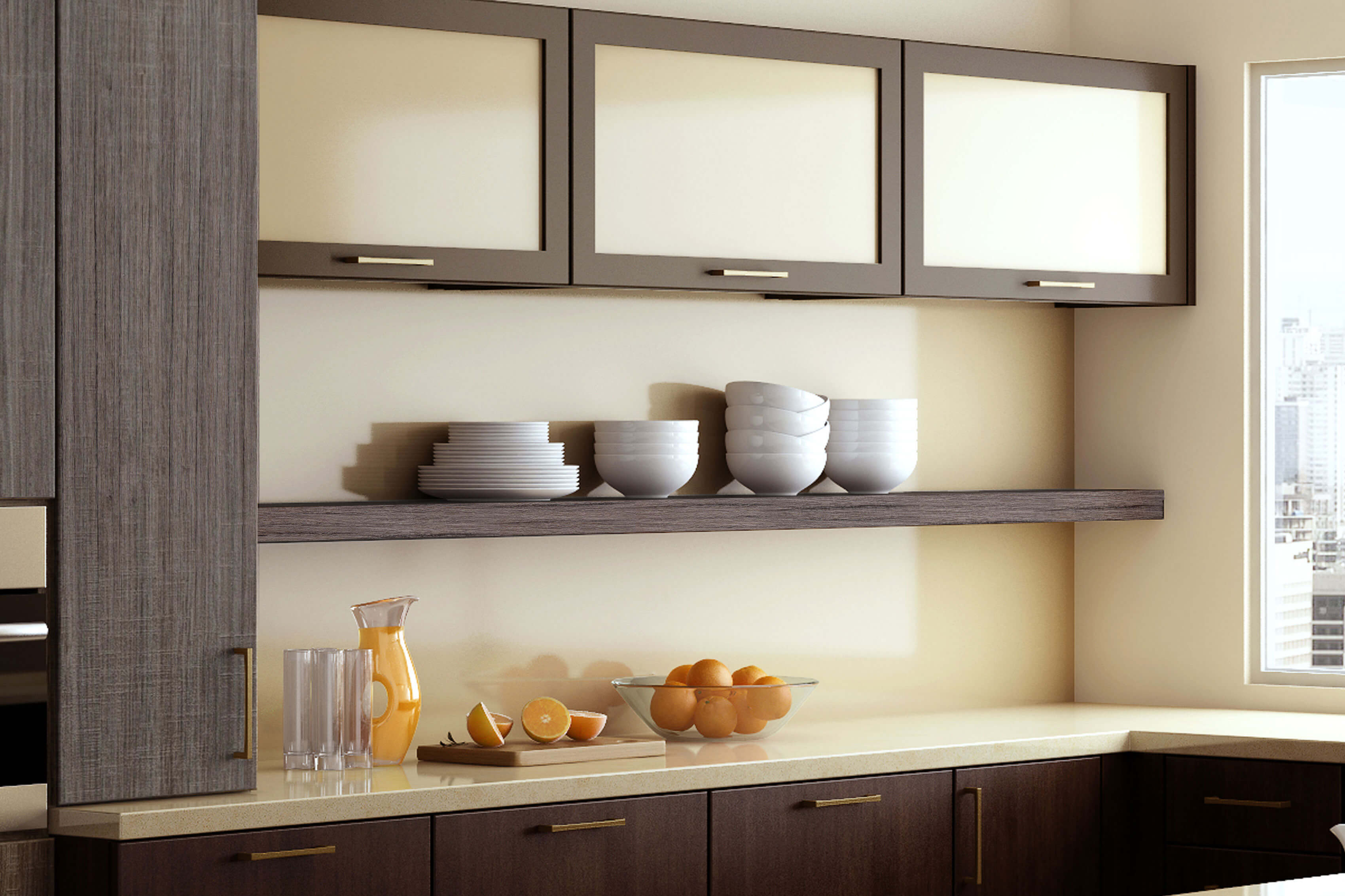 Contemporary floating shelves for the kitchen in modern cabinet materials.