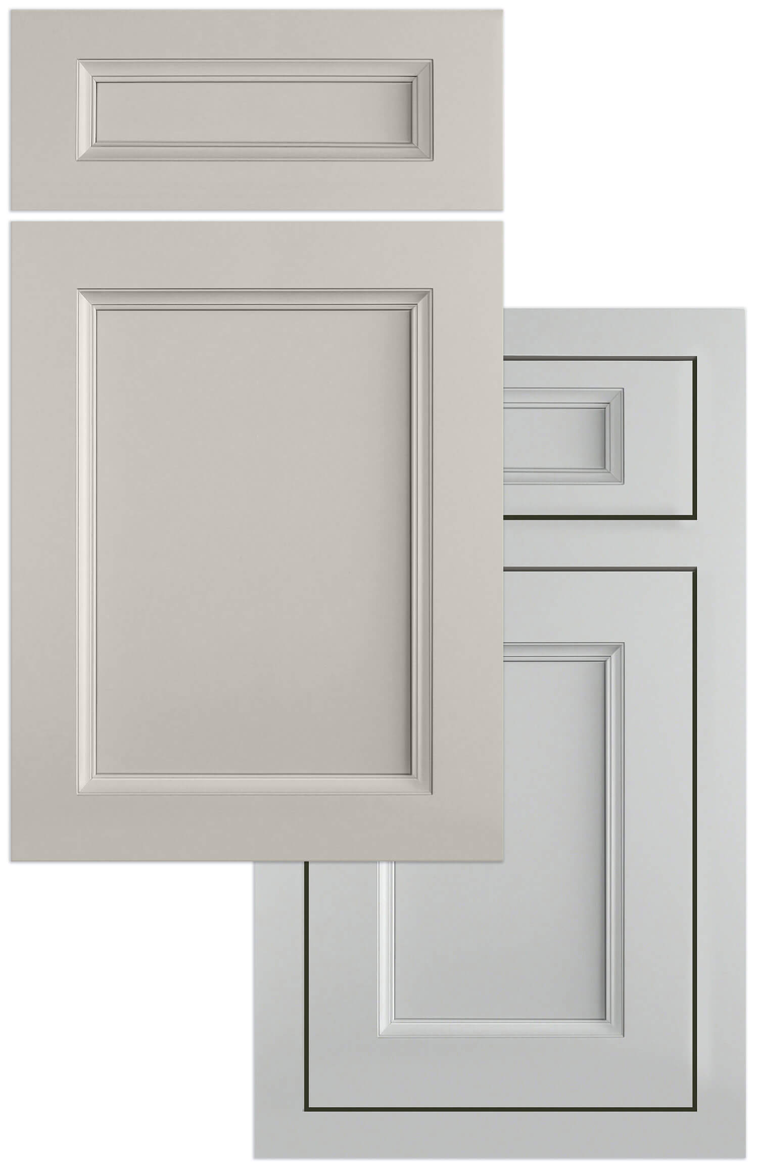 A close up of the full overlay and inset versions of the new flat panel cabinet door style.