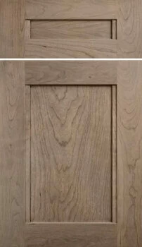 Dura Supreme Cabinetry's Avery flat panel door style with sleek, elegant vertical details shown on cherry with a true-brown stain.