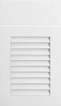A Louvered cabinet door style featuring horizontal slats for ventilation and and sleek style shown in a crisp white painted finish.