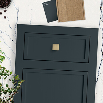 A trendy kitchen design idea with a dark green painted cabinet door a light stained oak.