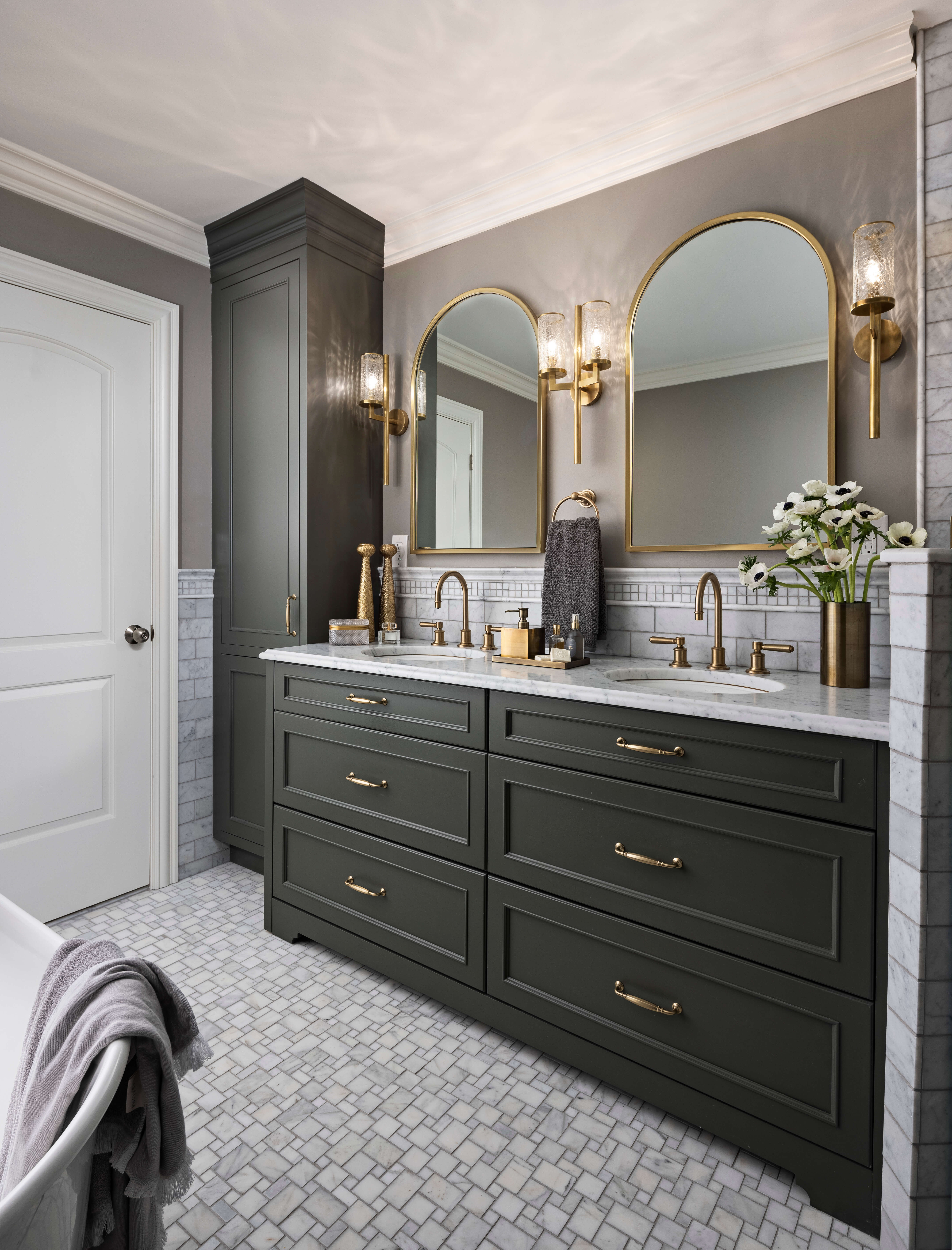 A deep olive green painted master bathroom vanity with a top-quality painted factory finish, ultra-smooth, and with superb coverage.