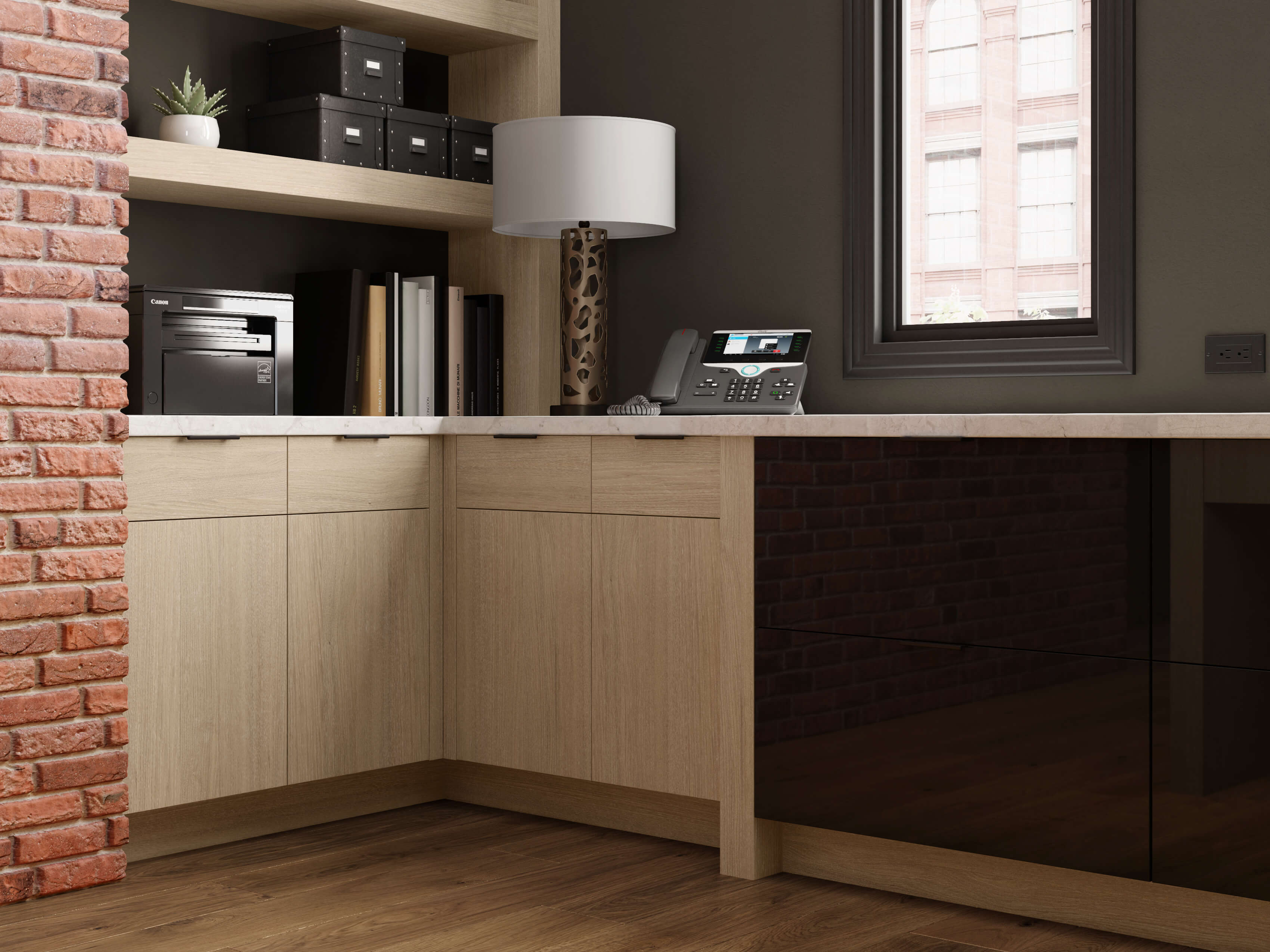 An urban office with a contemporary Quarter-Sawn White Oak cabinets with slab styled doors.
