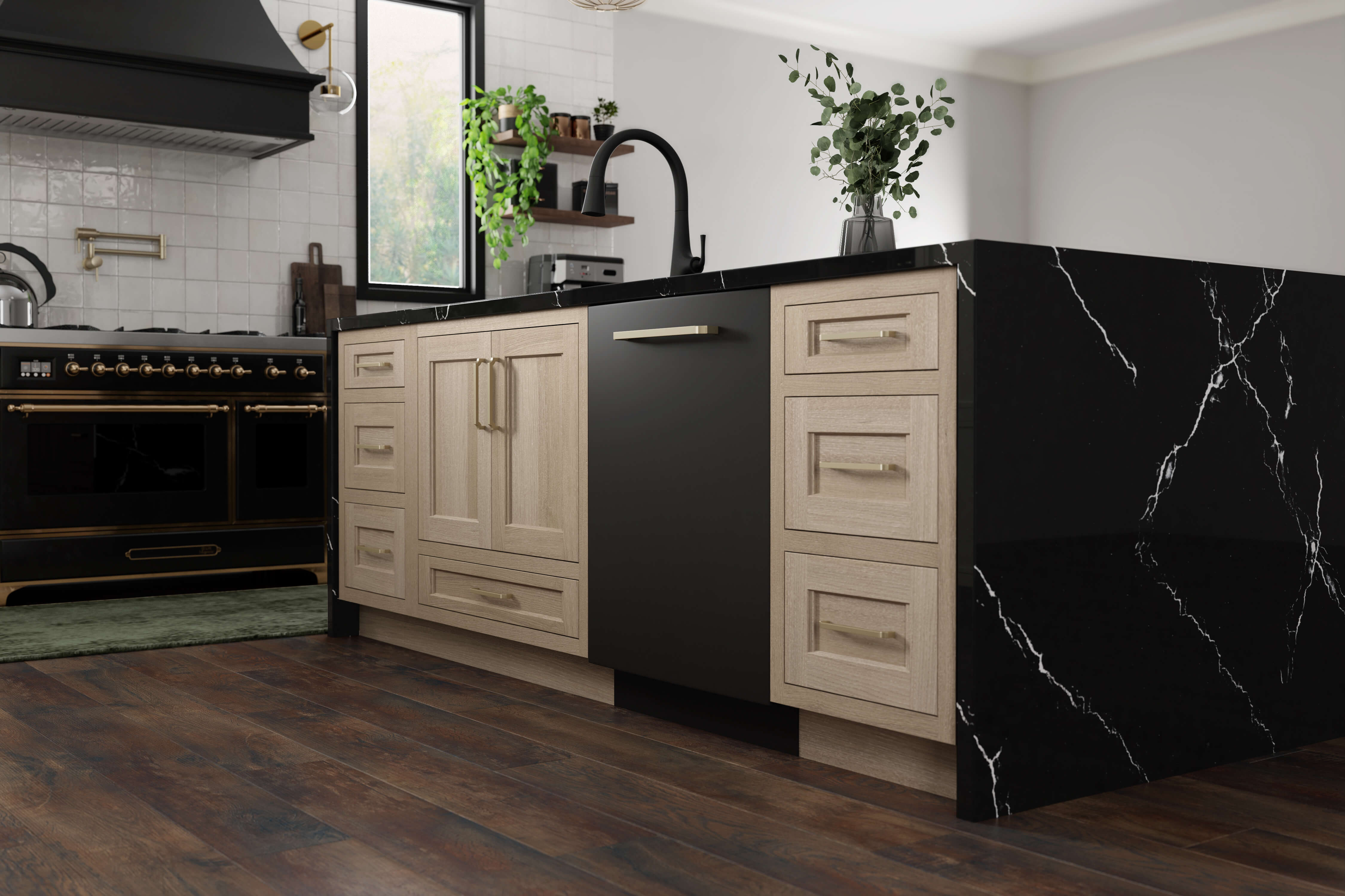 A light, white oak kitchen island with a white wash like stain and black appliances, accents, and waterfall quartz countertop.