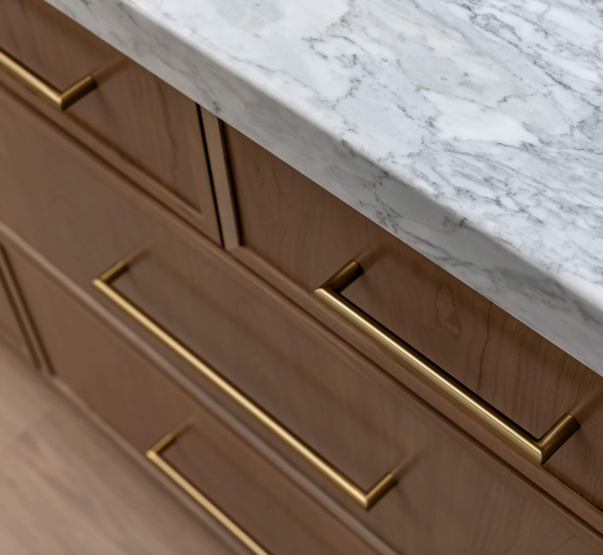 A close up of the modern shaker cabinet doors with thin rails and brushed brass hardware.