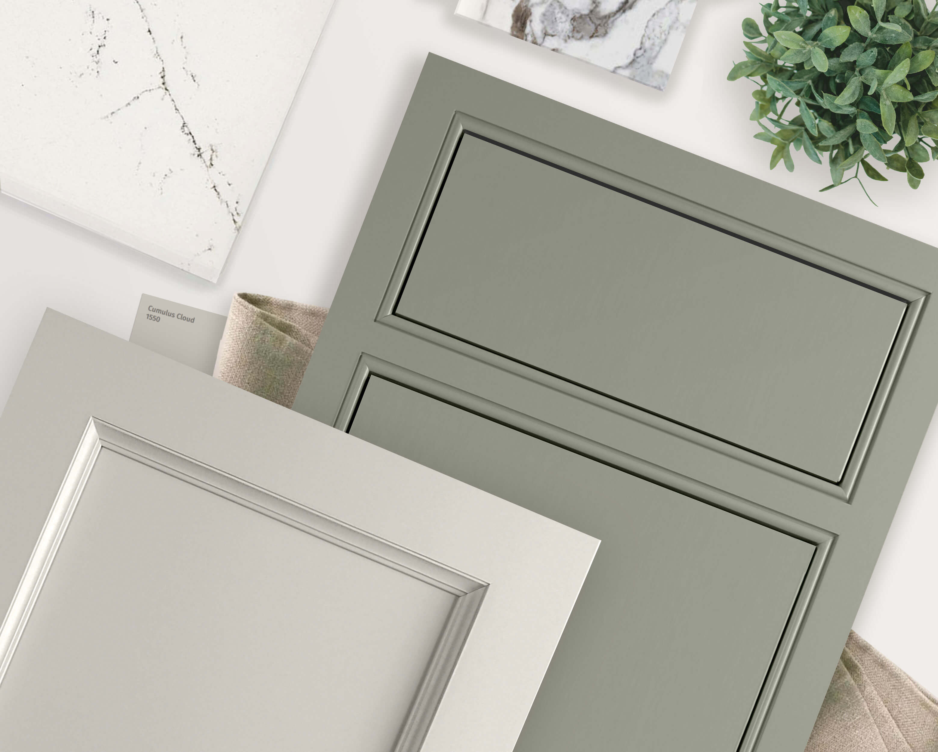 Two luxurious painted cabinet doors with contrasting painted colors of beige and sage green with a premium, high-tech painted finish.